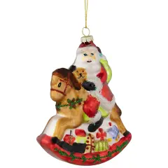 Northlight Santa on a Rocking Horse Glittered Glass Christmas Ornament - 4.75"- Red
