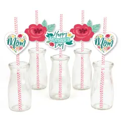 Big Dot of Happiness Colorful Floral Happy Mother's Day - Paper Straw Decor - We Love Mom Party Striped Decorative Straws - Set of 24
