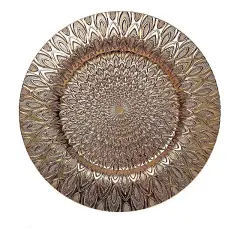 GOLD 6 Plastic 13" Round CHARGER PLATES Embossed Peacock Pattern