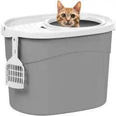 IRIS USA Oval Top Entry Cat Litter Box with Litter Catching Lid, Privacy Walls and Scoop Gray/White