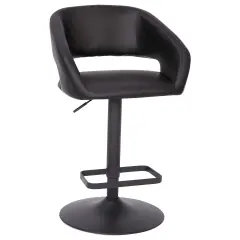 Emma and Oliver Shae Contemporary Upholstered Adjustable Height Barstool with Rounded, Cutout Mid-Back and Pedestal Base BlackVinyl/Black