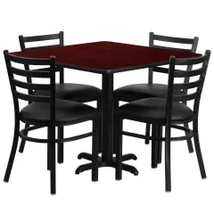 Emma and Oliver 36" Square Laminate X-Base Table Set with 4 Ladder Back Chairs MahoganyTop/BlackVYL