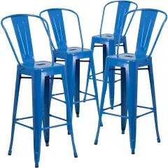 Emma and Oliver Commercial Grade 4 Pack 30" High Metal Indoor-Outdoor Barstool with Back Blue