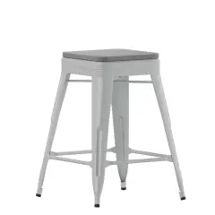 Emma and Oliver Cory Set of Four Backless Metal Stools with All-Weather Poly Resin Seats for Indoor Use Only Silver/Gray