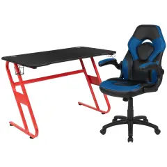 Emma and Oliver Gaming Desk and Racing Chair Set with Cup Holder and Headphone Hook Blue