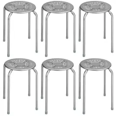 Set of 6 Stackable Multifunctional Daisy Design Backless Round Metal Stool Set Grey