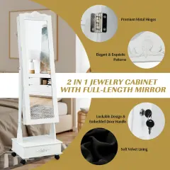 Rolling Floor Standing Mirrored Jewelry Armoire with Lock and Drawers White