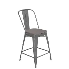 Emma and Oliver Grant Clear Coated Metal Stool with Backrest and Polyresin Seat for Indoor Use Only Clear Coated/Gray