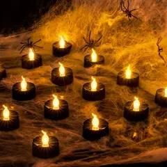 Black Candles, 24-Pack Tea Lights Battery Operated, Flameless Fake Candles Flickering, Halloween LED Candles Tea Lights for Fall Holiday Decor, Theme Party, 1.4" D X 1.3''H- Warm White Light