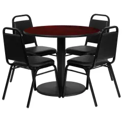 Emma and Oliver 36" Round Laminate Table Set with 4 Trapezoidal Banquet Chairs MahoganyTop/BlackVYL