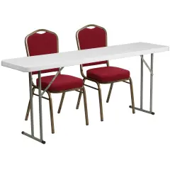 Emma and Oliver 6-Foot Plastic Folding Training Table Set with 2 Crown Back Stack Chairs Burgundy