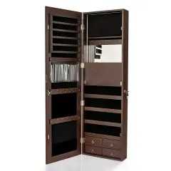 Multipurpose Storage Jewelry Cabinet with 4 Drawers and Full-length Mirror Brown