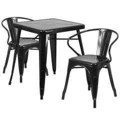 Emma and Oliver Commercial Grade 23.75" Square Metal Indoor-Outdoor Table Set with 2 Arm Chairs Black