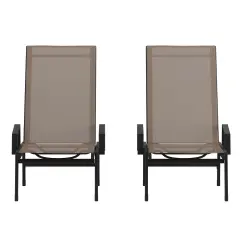Emma and Oliver Braelin Set of 2 Textilene Adjustable 5 Position Patio Chaise Lounge with Armrests and Metal Frame Black/Brown