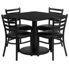 Emma and Oliver 36" Square Laminate Round Base Table Set with 4 Ladder Back Chairs BlackTop/BlackVinyl