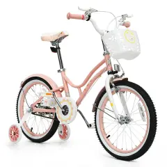 18 Inch Kids Adjustable Bike with Removable Training Wheels and Detachable Basket Pink