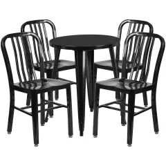 Emma and Oliver Commercial Grade 24" Round Metal Indoor-Outdoor Table Set & 4 Slat Back Chairs Black
