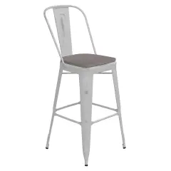 Emma and Oliver Nova Distressed Metal Stools with Backs and Polystyrene Seats for Indoor/Outdoor Use White/Gray
