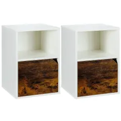 Set of 2 Side End Table Nightstands with Triangular Cut-Out Cabinet Door and Large Open Shelf White
