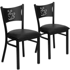 Emma and Oliver 2 Pack Coffee Back Metal Restaurant Chair BlackVYL/BlackMetal