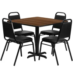 Emma and Oliver 36" Square Laminate X-Base Table Set with 4 Banquet Chairs WalnutTop/BlackVinyl