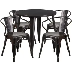 Emma and Oliver Commercial Grade 30" Round Metal Indoor-Outdoor Table Set with 4 Arm Chairs Black-Antique Gold