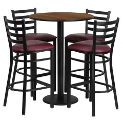 Emma and Oliver 30" Round Laminate Table Set with 4 Ladder Back Metal Stools Walnut/BurgundyVYL