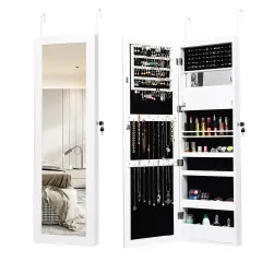 Lockable Wall Door Mounted Mirror Jewelry Cabinet with LED Lights White