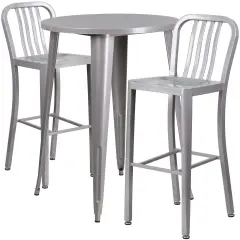Emma and Oliver Commercial 30" Round Metal Indoor-Outdoor Bar Table Set & 2 Slat Back Stools Silver