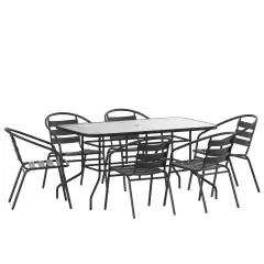Emma and Oliver Patio Table & Chairs Set with Rectangular Metal Table with Tempered Glass Top and Stacking Chairs Black