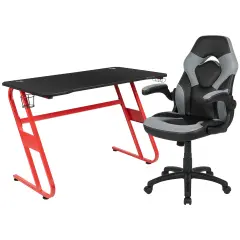 Emma and Oliver Gaming Desk and Racing Chair Set with Cup Holder and Headphone Hook Gray