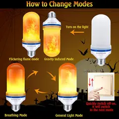 LED Flame Light Bulbs, 4 Modes Fire Light Bulbs, E26 Base Flame Bulb, Halloween Decorations Outdoor Indoor Home, Halloween Lights Bulbs (Yellow, 2 Pack)