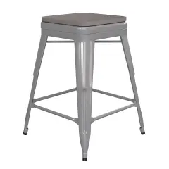 Emma and Oliver Kam Backless Metal Indoor-Outdoor Stool with All-Weather Polystyrene Seat Silver/Gray