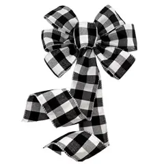 Buffalo Plaid Christmas Wreath Bow - 10" Wide, 18" Long Pre-Tied Bow, Black and White Checkers, Fall Decor, Door Decoration, Swag, Wreath, Garland, Boxing Day, Winter, Thanksgiving