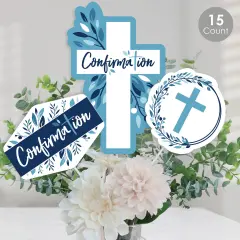 Big Dot of Happiness Confirmation Blue Elegant Cross - Boy Religious Party Centerpiece Sticks - Table Toppers - Set of 15