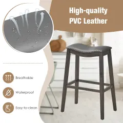 29 Inch Set of 2 Backless Wood Nailhead Barstools with PVC Leather Seat Grey