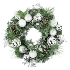 Northlight Green Pine Needle Wreath with Pinecones and Christmas Ornaments, 24-Inch, Unlit White