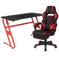 Emma and Oliver Gaming Bundle-Cup/Headphone Desk & Reclining Footrest Chair Red