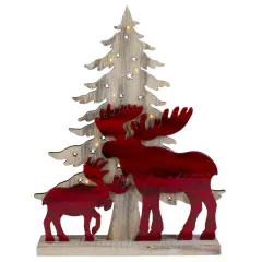 Northlight Lighted Moose and Christmas Tree Wooden Decoration - 13.5" - Warm White LED Lights Red