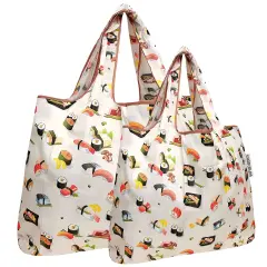 Wrapables Large & Small Foldable Tote Nylon Reusable Grocery Bags, Set of 2 Sushi