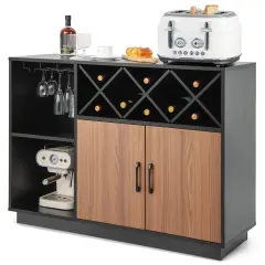 Costway Industrial Wine Bar Cabinet Sideboard Buffet with Glass Holder &Adjustable Shelf