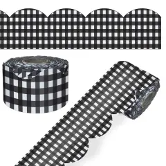 Carson Dellosa Farmhouse 65Ft of Black and White Gingham Bulletin Board Borders, 1 Roll of Scalloped Trim for Rolling Whiteboard, Cork and Posterboard, Party, Office Decorations, and Classroom Decor
