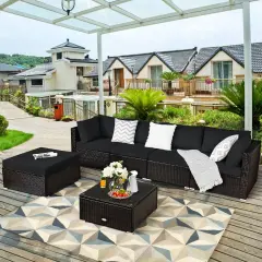 6 Pieces Outdoor Patio Rattan Sectional Sofa Set With Coffee Table Black