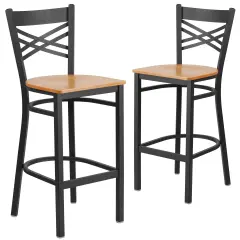 Emma and Oliver 2 Pack "X" Back Metal Restaurant Barstool Natural/BlackMetal