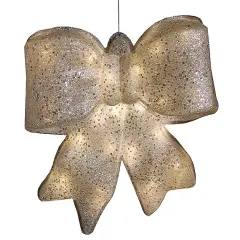 PENN LED Lighted Glittered Bow Christmas Wall Decoration - 16" - Warm White Lights Silver