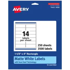Avery Matte White Rectangle Labels with Sure Feed, 1-1/3" x 4"