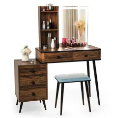 Vanity Makeup Table Set with Lighted Mirror and 3-in-1 Charging Station Brown