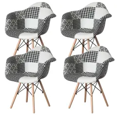 Mid-Century Modern Style Fabric Lined Armchair with Beech Wooden Legs Black & White 4 Set