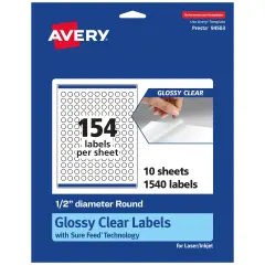 Avery Glossy Clear Round Labels with Sure Feed, .5" diameter