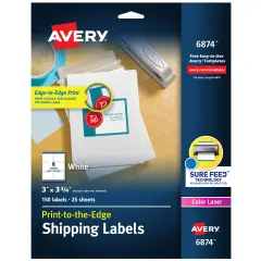 Avery Shipping Labels with Sure Feed for Color Laser Printers, Print-to-the-Edge, 3" x 3-3/4", 150 White Labels (6874)
